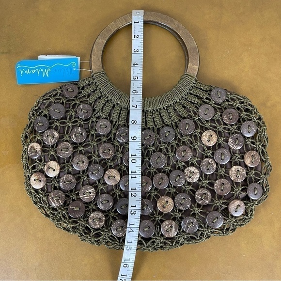Blue Miami Woven Wooden Handle Button Embellished Bohemian Purse - Picture 11 of 11